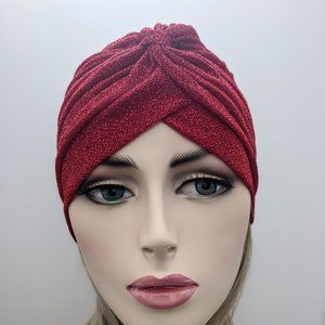 Red Turban Sparkle Bonnet Cap Hat Woman New Sheer